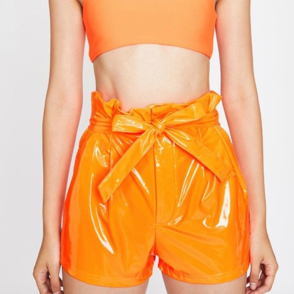 Dolls Kill Pants - Dolls Kill NWT Neon Orange Vinyl Shorts Dolls Kill